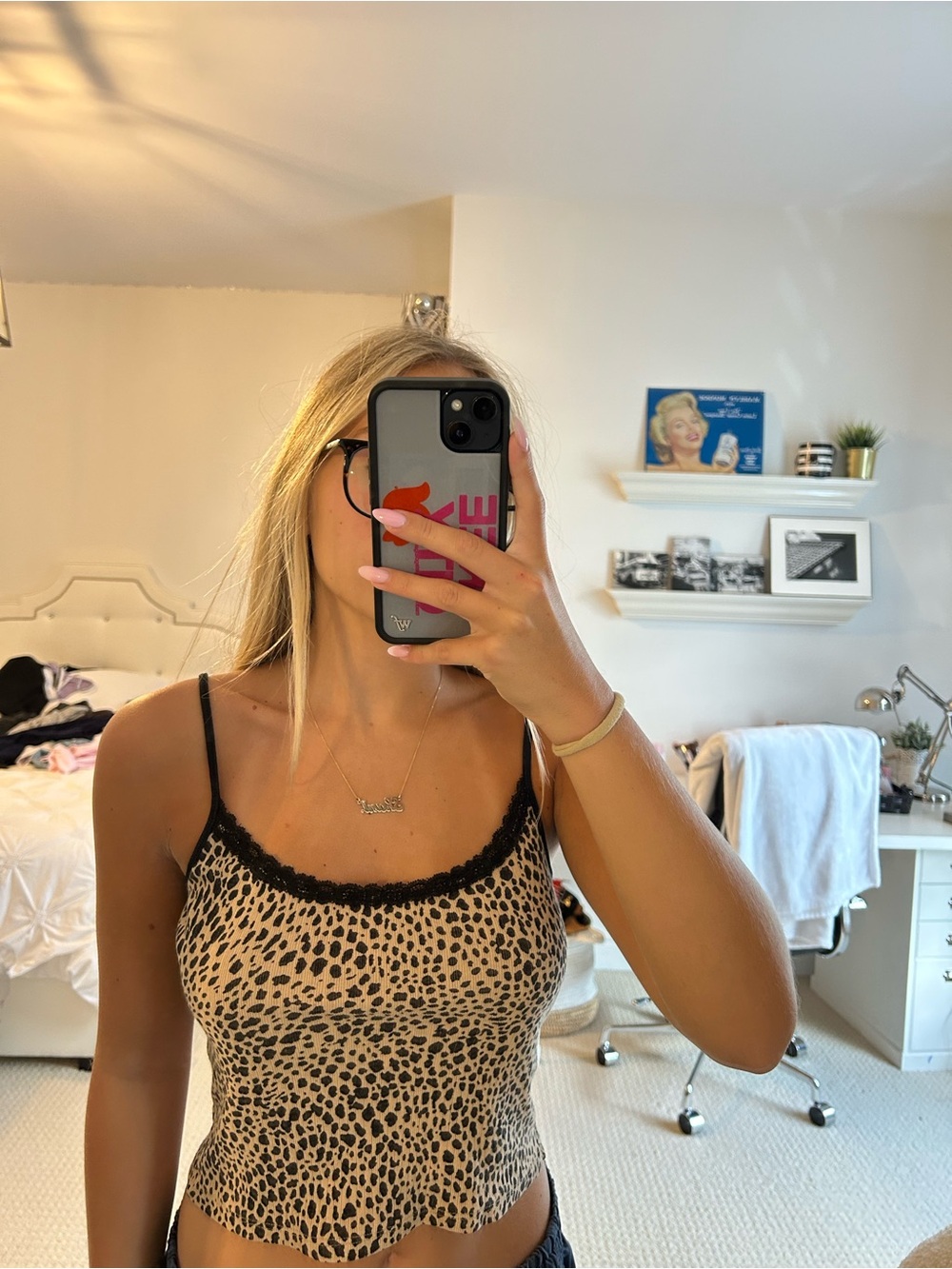 Leopard Print Cami Top with Lace Trim - Beige/Black Brandy Melville